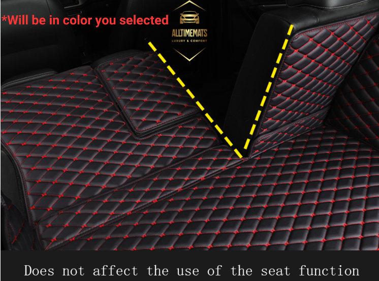 Black/Orange Full Cargo Trunk mat/liner, partial for Honda, BMW, Ford, VOLVO, Nissan, Hyundai, Jeep aerial view. seat function