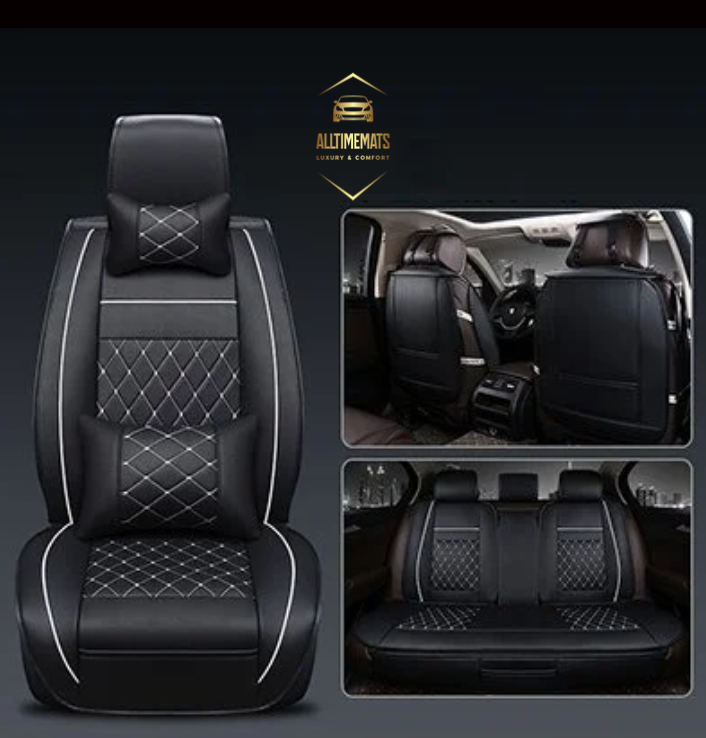 Obsidian black leather car seat covers for honda, hyundai, nissan, ford, toyota, chevy, jeep, dodge front row with cushions full view
