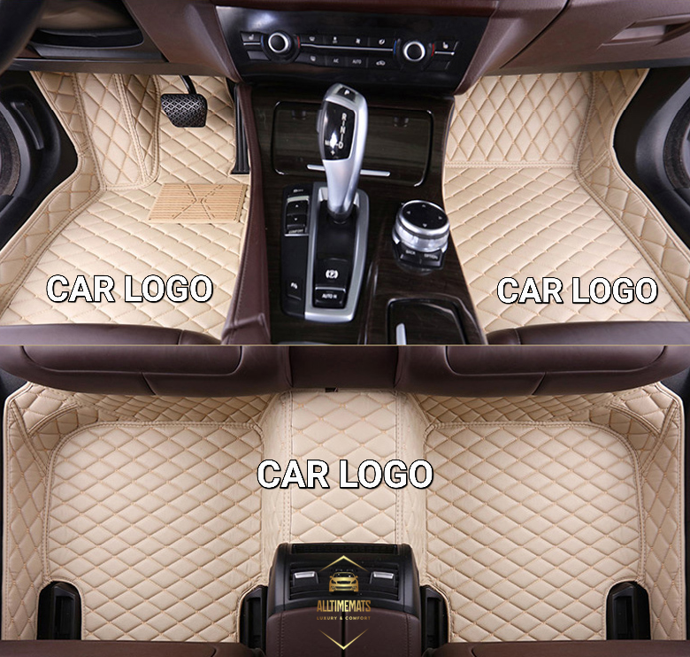 Cream Car Mats/Floor mats for Honda, BMW, Ford, VOLVO, Nissan, Hyundai, Jeep aerial view with logos