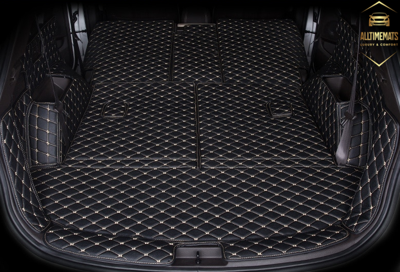 Black/Beige Full Cargo Trunk mat/liner, partial for Honda, BMW, Ford, VOLVO, Nissan, Hyundai, Jeep aerial view. seat function #2