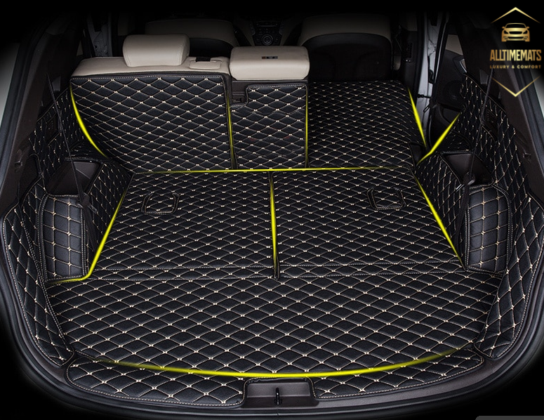 Black/Beige Full Cargo Trunk mat/liner, partial for Honda, BMW, Ford, VOLVO, Nissan, Hyundai, Jeep aerial view. seat function