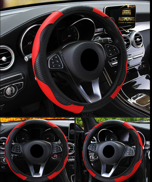 leather scarlet red steering wheel cover ford toyota honda nissan chevy hyundai jeep dodge bmw triple view