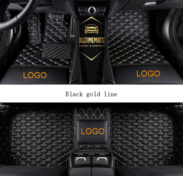 Black Gold Car Mats/Floor mats for Honda, BMW, Ford, VOLVO, Nissan, Hyundai, Jeep aerial view with logos