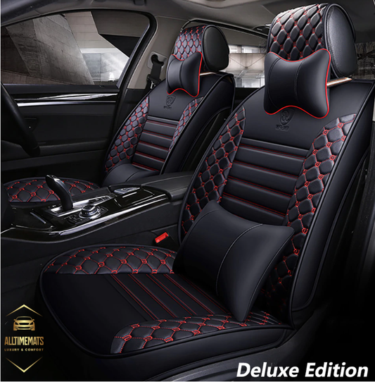 Deluge black/red leather car seat covers for honda, hyundai, nissan, ford, toyota, chevy, jeep, dodge front row with cushions