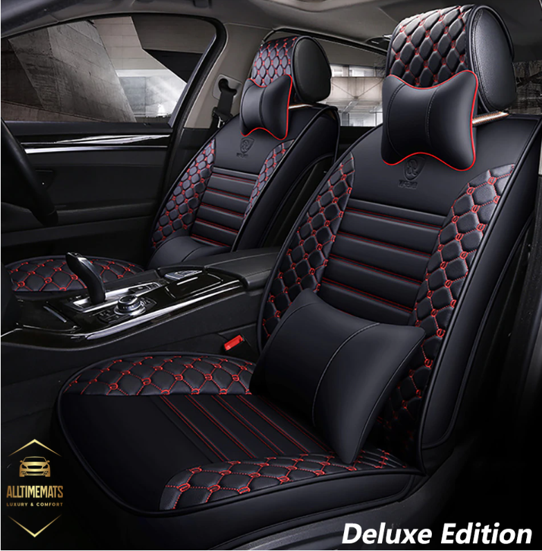 Deluge black/red leather car seat covers for honda, hyundai, nissan, ford, toyota, chevy, jeep, dodge front row with cushions