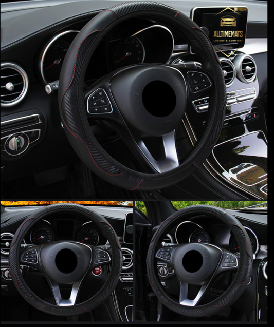 leather carbon black/red steering wheel cover ford toyota honda nissan chevy hyundai jeep dodge bmw