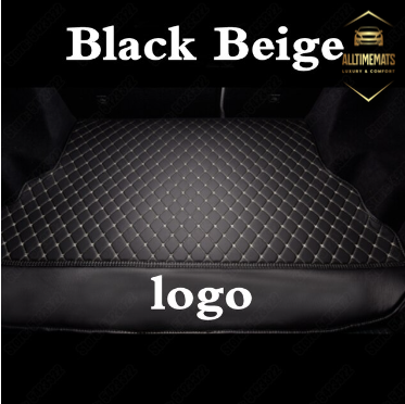 Black/Beige Partial Cargo Trunk mat/liner, partial for Honda, BMW, Ford, VOLVO, Nissan, Hyundai, Jeep aerial view with a logo