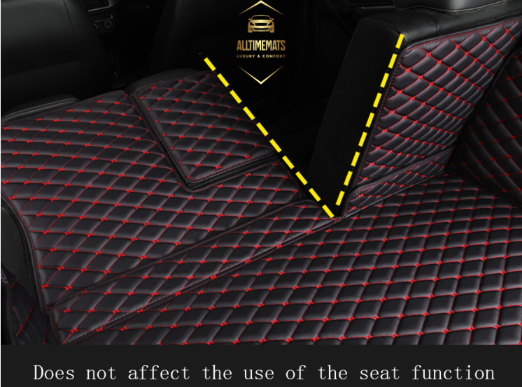 Black/Red Cargo Trunk mat/liner, partial for Honda, BMW, Ford, VOLVO, Nissan, Hyundai, Jeep aerial view. seat function