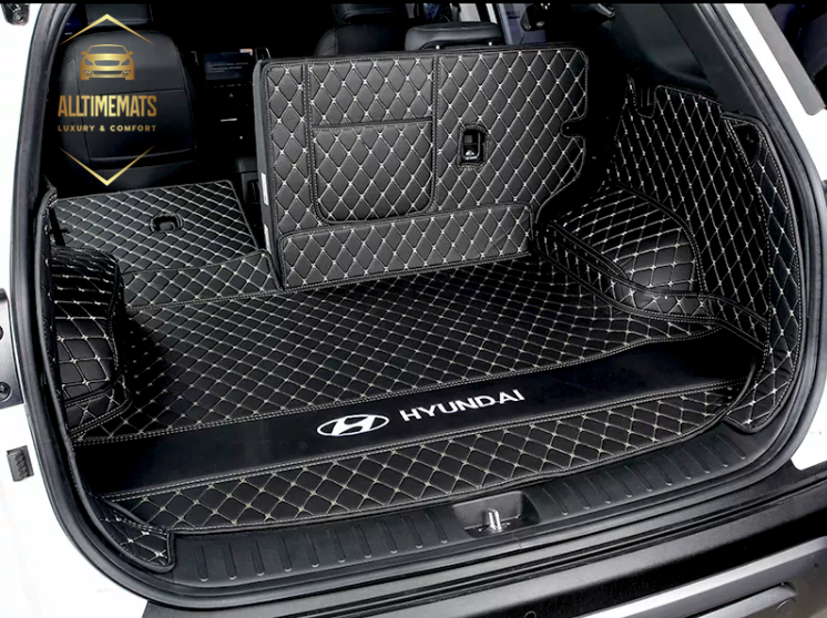 Black/white Full Cargo Trunk mat/liner, partial for Honda, BMW, Ford, VOLVO, Nissan, Hyundai, Jeep aerial view with a logo