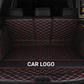 Black/Red Cargo Trunk mat/liner, partial for Honda, BMW, Ford, VOLVO, Nissan, Hyundai, Jeep aerial view with a logo