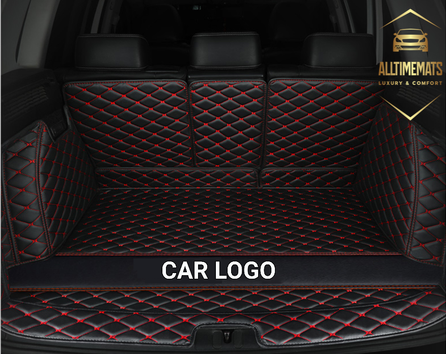 Black/Red Cargo Trunk mat/liner, partial for Honda, BMW, Ford, VOLVO, Nissan, Hyundai, Jeep aerial view with a logo