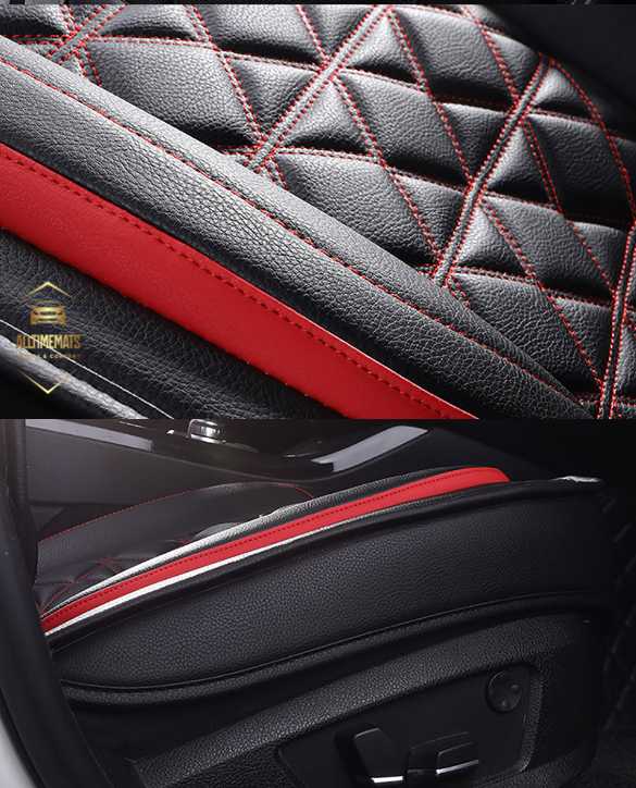 black red leather car seat covers for honda, hyundai, nissan, ford, toyota, chevy, jeep, dodge horizontal view