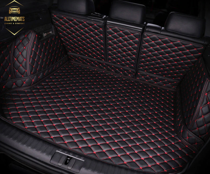 Black/Red Cargo Trunk mat/liner, partial for Honda, BMW, Ford, VOLVO, Nissan, Hyundai, Jeep aerial view angled 