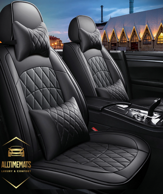 Supreme black leather car seat covers for honda, hyundai, nissan, ford, toyota, chevy, jeep, dodge front row with cushions