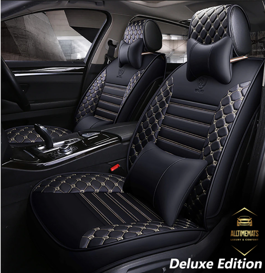 Deluge black/beige leather car seat covers for honda, hyundai, nissan, ford, toyota, chevy, jeep, dodge front row with cushions