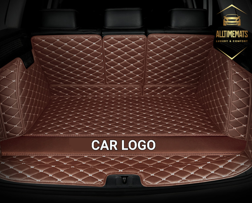Brown Full Cargo Trunk mat/liner, partial for Honda, BMW, Ford, VOLVO, Nissan, Hyundai, Jeep aerial view with a logo