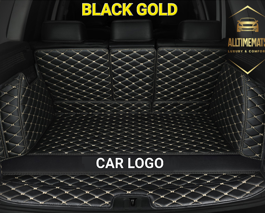 Black Gold Full Cargo Trunk mat/liner, partial for Honda, BMW, Ford, VOLVO, Nissan, Hyundai, Jeep aerial view with a logo