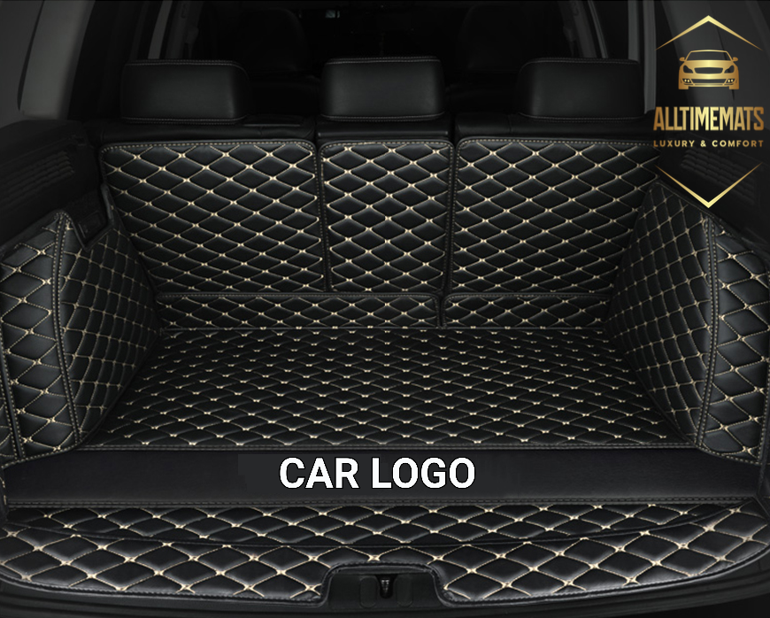 Black/Beige Full Cargo Trunk mat/liner, partial for Honda, BMW, Ford, VOLVO, Nissan, Hyundai, Jeep aerial view with a logo