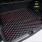 Black/Red Cargo Trunk mat/liner, partial for Honda, BMW, Ford, VOLVO, Nissan, Hyundai, Jeep aerial view with a logo partial