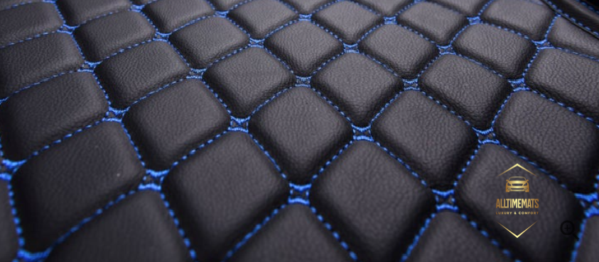Black/Blue Full Cargo Trunk mat/liner, partial for Honda, BMW, Ford, VOLVO, Nissan, Hyundai, Jeep close up view