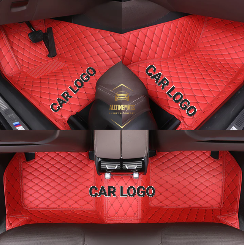 Red/Black Car Mats/Floor mats for Honda, BMW, Ford, VOLVO, Nissan, Hyundai, Jeep aerial view with logos