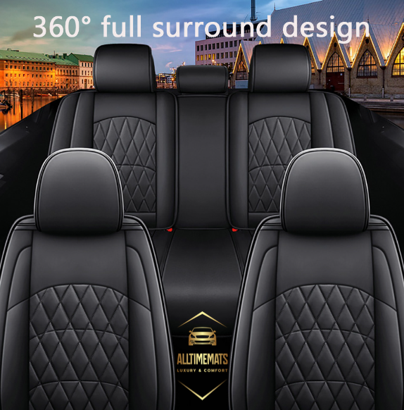 Supreme black leather car seat covers for honda, hyundai, nissan, ford, toyota, chevy, jeep, dodge front row with cushions 3 d view