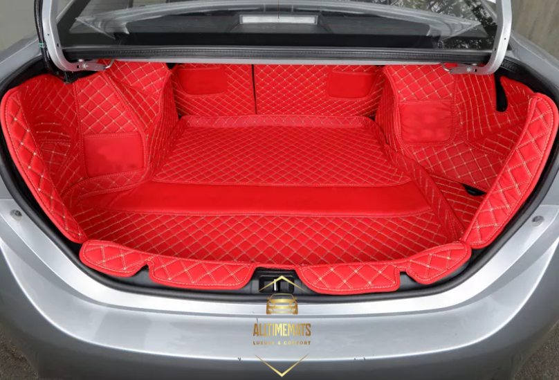 Scarlet Red Full Cargo Trunk mat/liner, partial for Honda, BMW, Ford, VOLVO, Nissan, Hyundai, Jeep sedan view