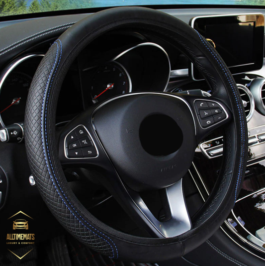 leather black/blue steering wheel cover ford toyota honda nissan chevy hyundai jeep dodge bmw