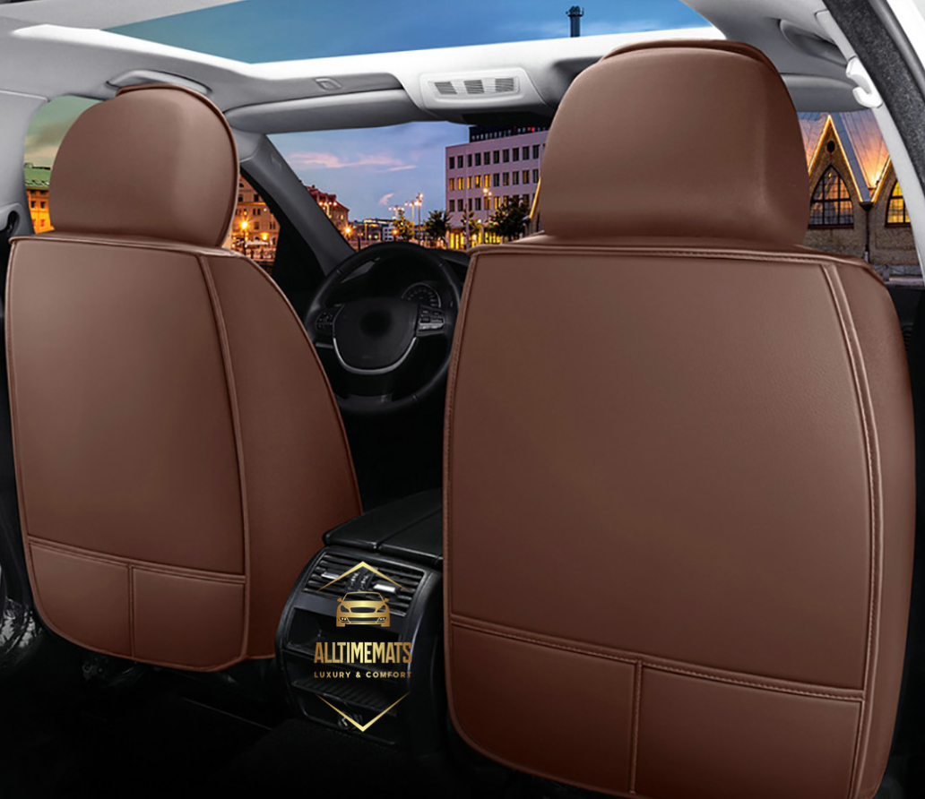 Supreme brown leather car seat covers for honda, hyundai, nissan, ford, toyota, chevy, jeep, dodge front row back view