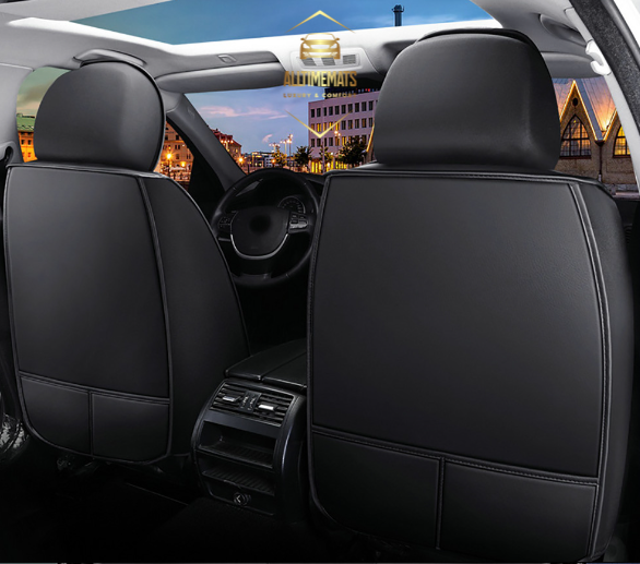 Supreme black leather car seat covers for honda, hyundai, nissan, ford, toyota, chevy, jeep, dodge front row back view
