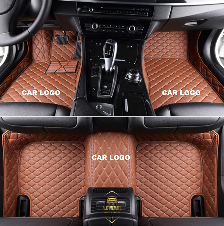 Brown Car Mats/Floor mats for Honda, BMW, Ford, VOLVO, Nissan, Hyundai, Jeep aerial view with logos