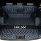 Black/Blue Full Cargo Trunk mat/liner, partial for Honda, BMW, Ford, VOLVO, Nissan, Hyundai, Jeep aerial view with a logo