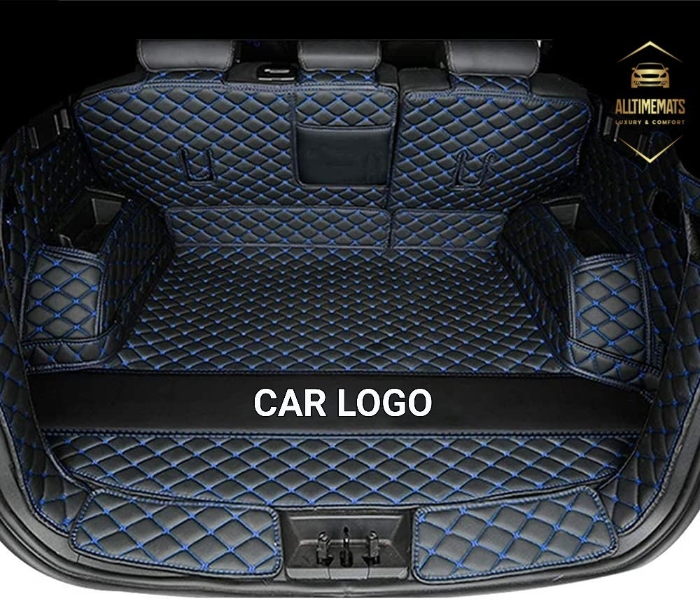 Black/Blue Full Cargo Trunk mat/liner, partial for Honda, BMW, Ford, VOLVO, Nissan, Hyundai, Jeep aerial view with a logo