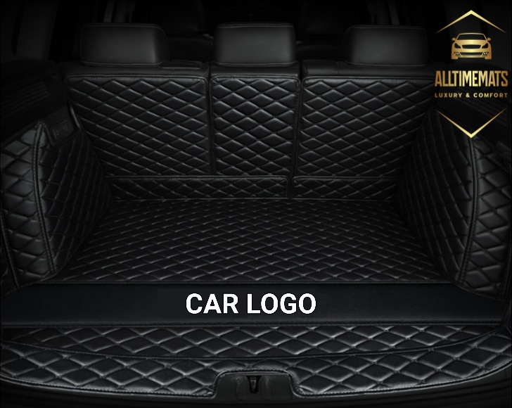 Black Cargo Trunk mat/liner for Honda, BMW, Ford, VOLVO, Nissan, Hyundai, Jeep aerial view with a logo